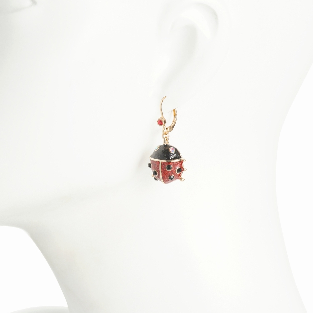 NEW Betsey Johnson Ladybug Leverback Dangle Earrings Gold Tone Red Crystals NWT - Picture 5 of 5
